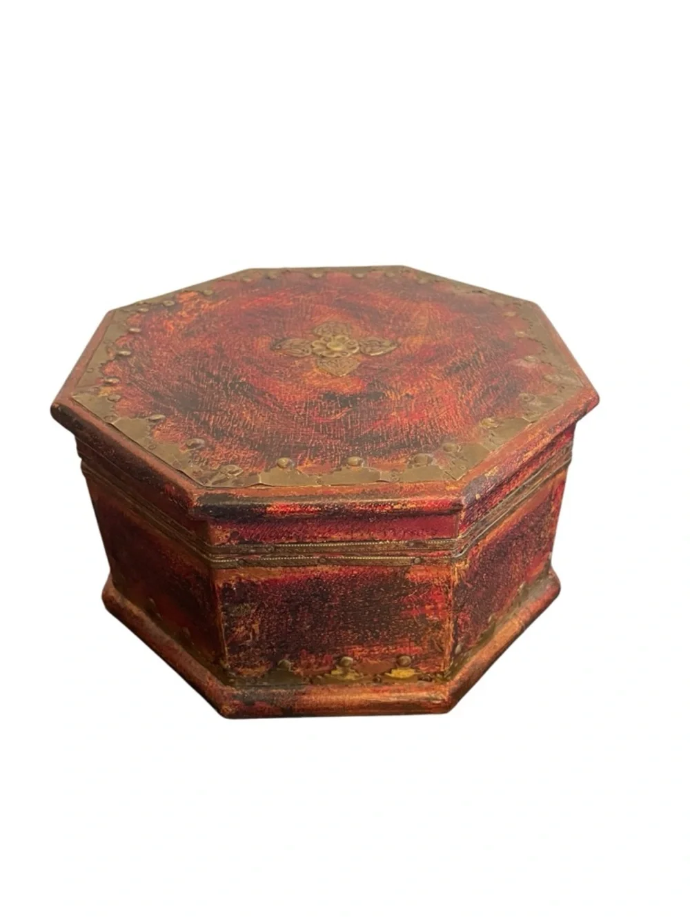 Vintage Red Octagonal Wooden Keepsake Box Brass Studded Jewelry Chest Distressed